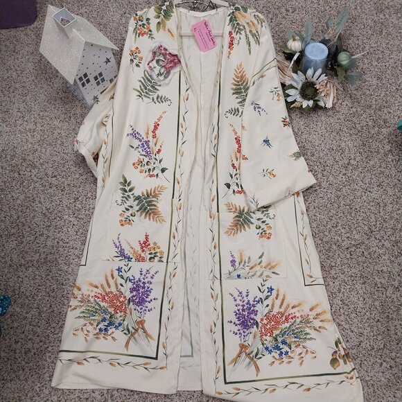 Handmade Jackets & Blazers - 3501 Size XL Yellow and Green Long Length Duster Made from Linen  Tablecloth.